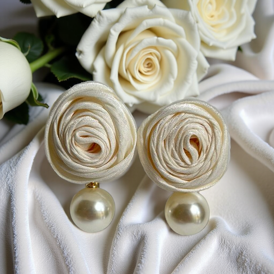 White Rose Satin Pearl Earrings