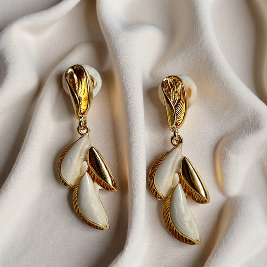 Golden White Long Leaf Earrings